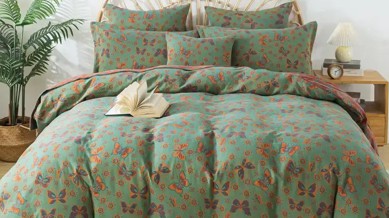 Green Red Butterfly Percale Weave Duvet Cover Set
