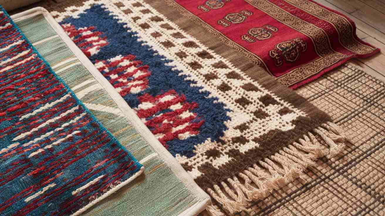 a variety of rugs with different materials. There's a wool rug, a cotton rug, a polyester rug, a silk rug, and a jute rug