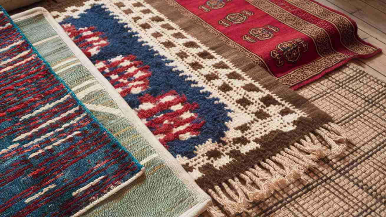 a variety of rugs with different materials. There's a wool rug, a cotton rug, a polyester rug, a silk rug, and a jute rug