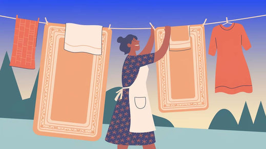 a woman hanging a bath rug and mat outside to dry. The bath rug and mat are placed over a clotheslin
