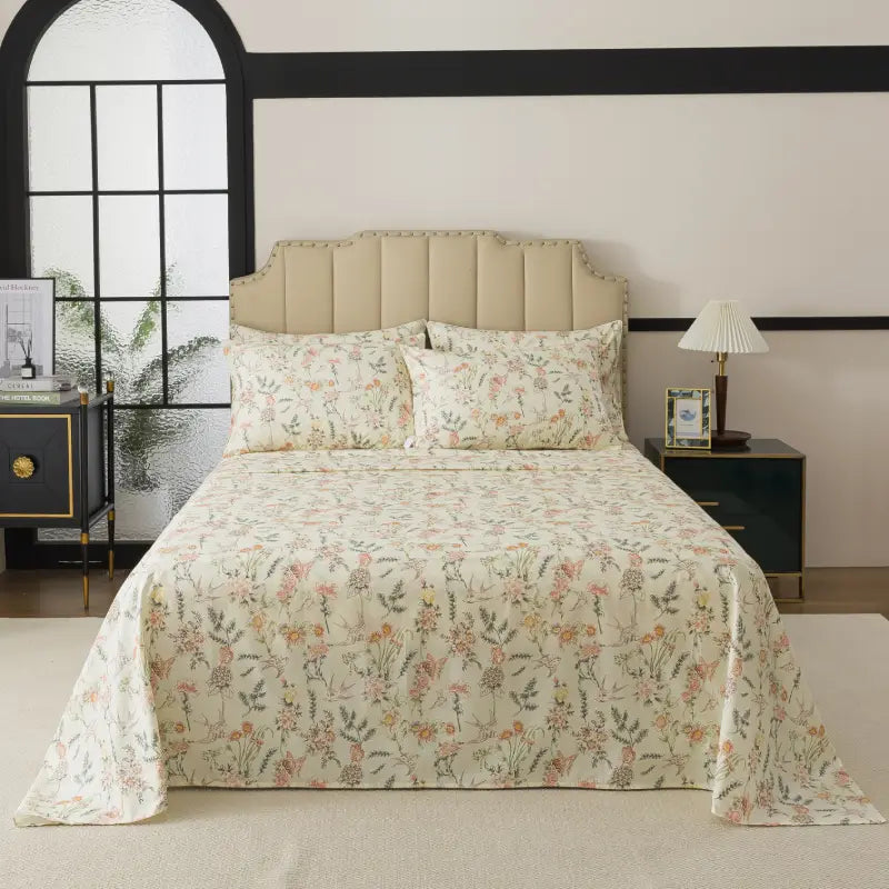 Bed with red floral patterned bedding in a bedroom setting.