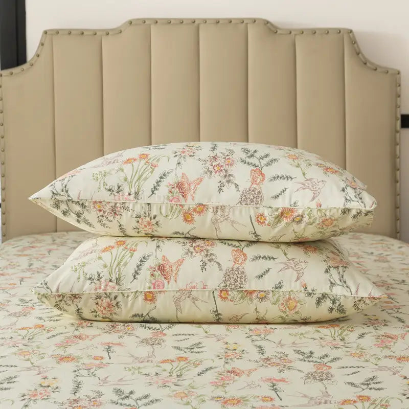 Bed with red floral patterned bedding and pillows on a neutral background