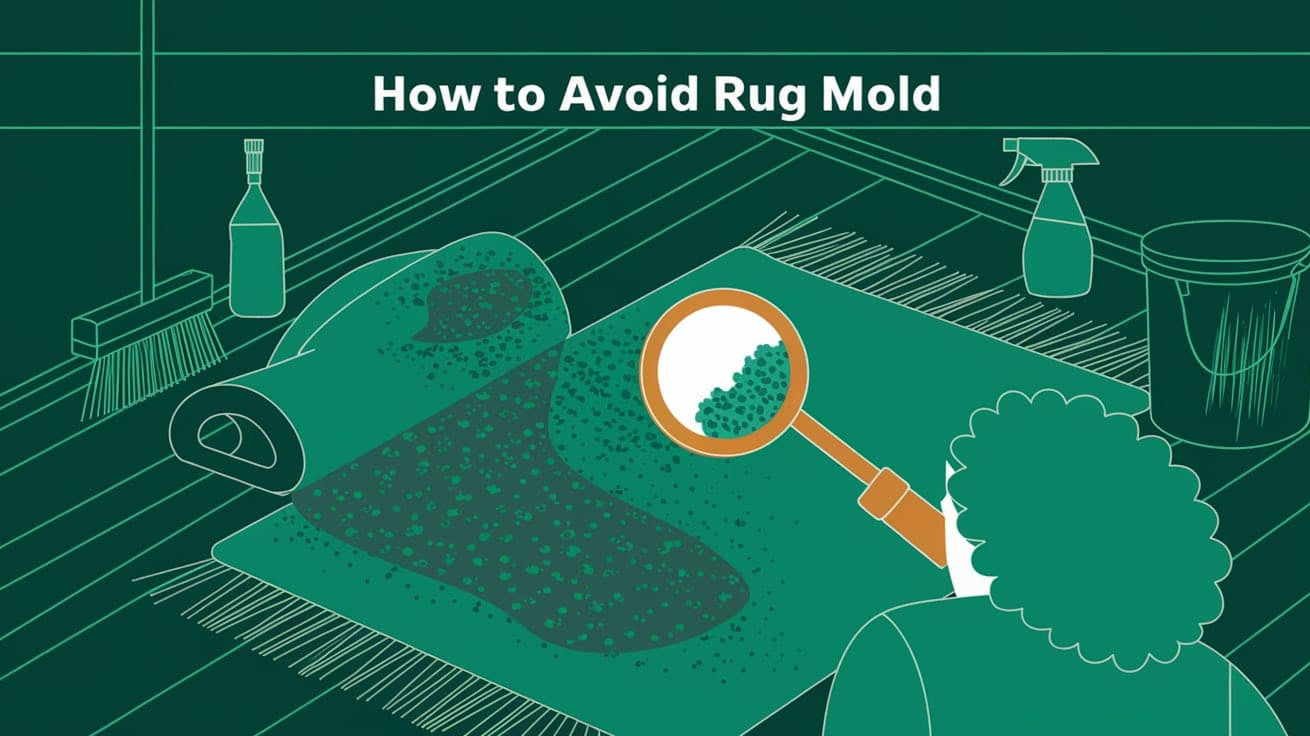 a rug with mold growing on it. There is a person with a magnifying glass examining the mold. 