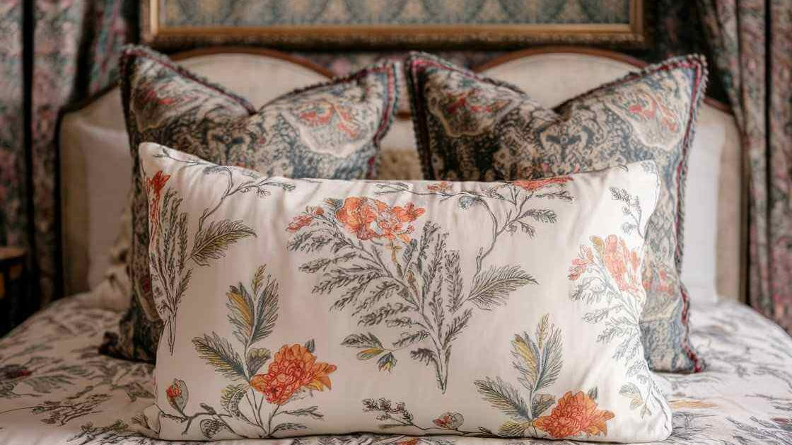 pillow sham is placed on a bed with multiple decorative pillows. The bed is in a bedroom with a vintage style. 